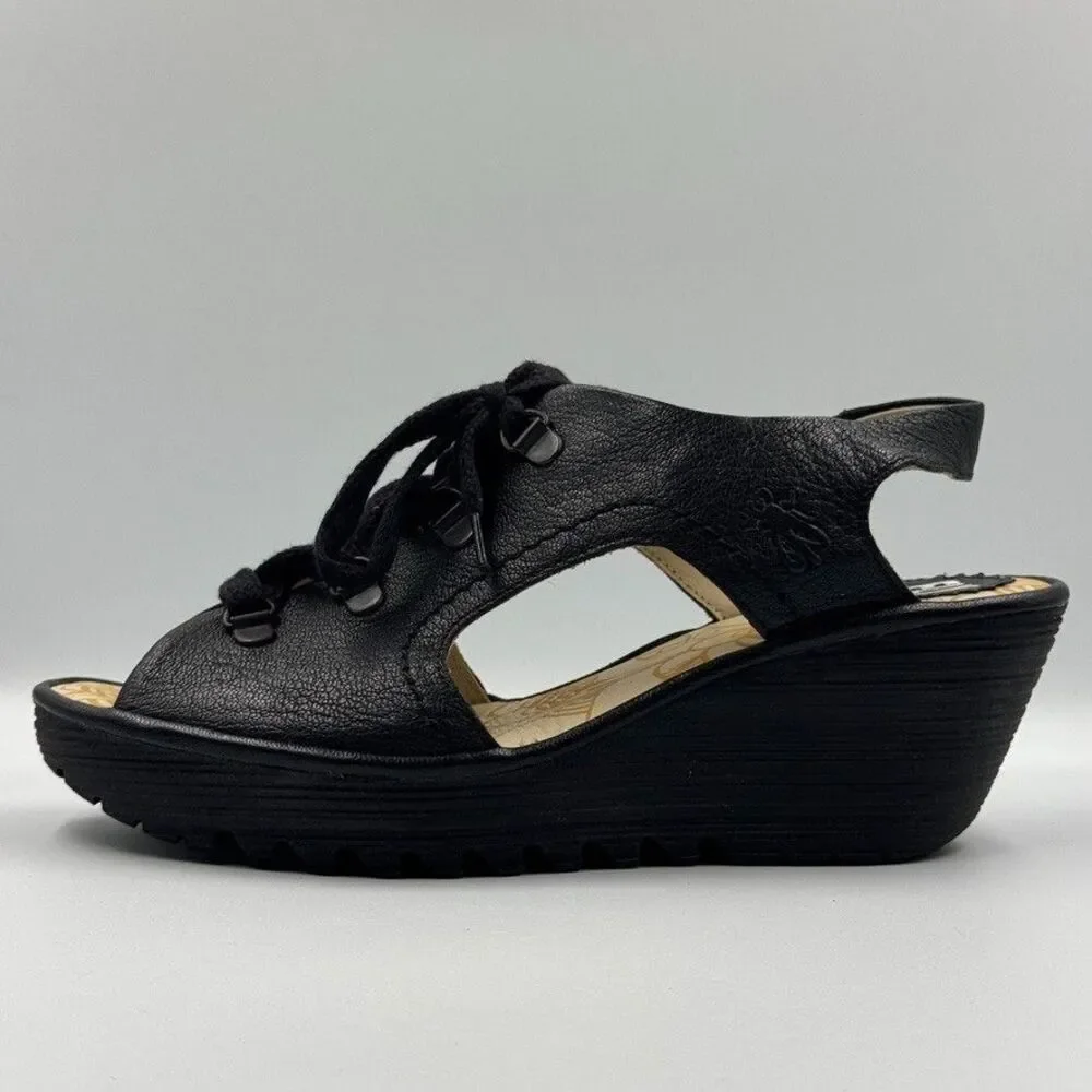 Fly London Ylfa Leather Lace Up Wedge Sandals Black Women's Size US 8.5 EU 39